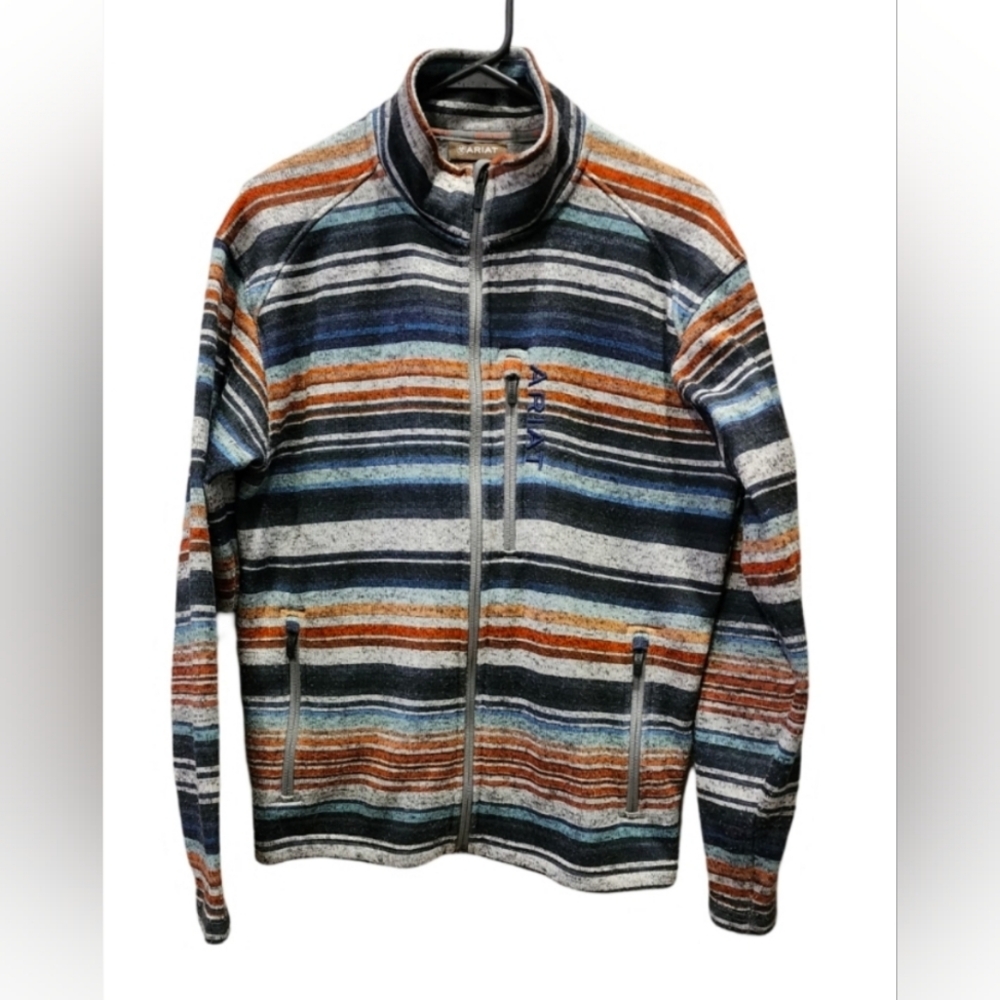Ariat Caldwell full zip sweater blue orange grey stripes, size S